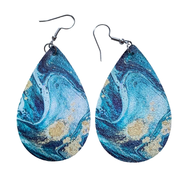 Jewelry - BNWT Aquamarine Sea Marbling Earrings with a Splash of Gold PU Leather Teardrop